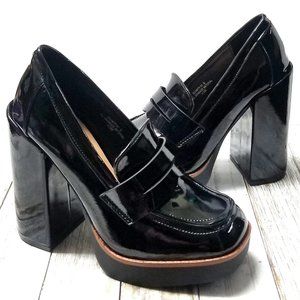New Black Patent Square Toe Platform Penny Loafers Chunky Heels